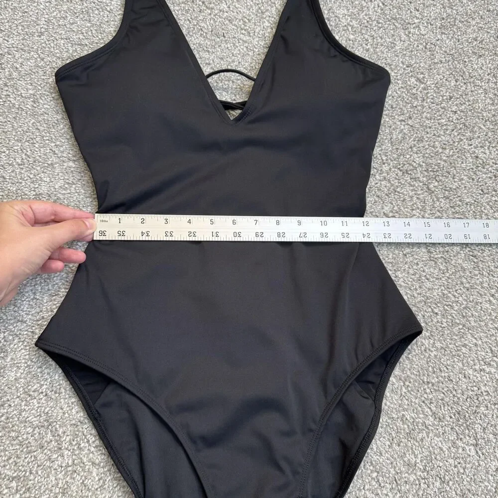 TA3 Swimsuit Womens Large Black One Piece Plunge Corset Back Hourglass Goth Sexy